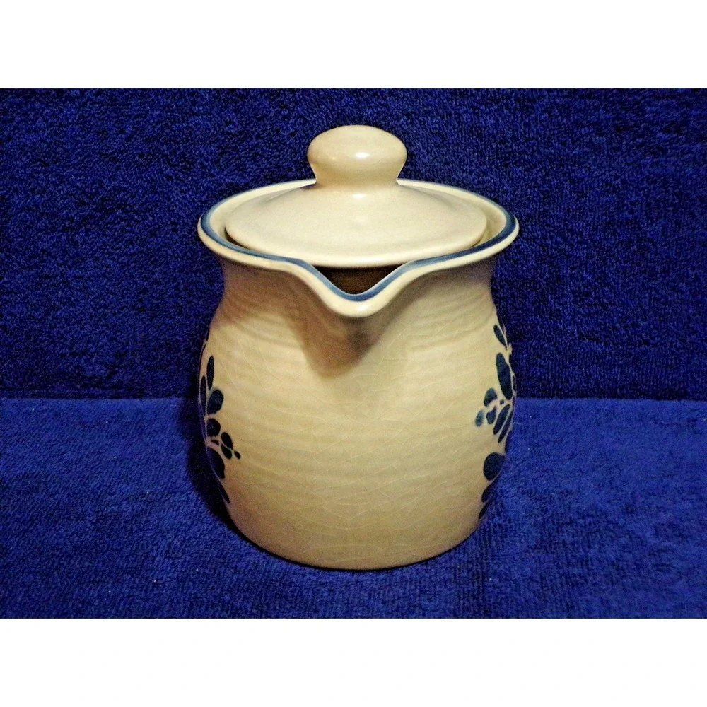 Pfaltzgraff Folk Art Tea Pot Creamer Brown & Blue Stoneware 40 oz #550 Vintage